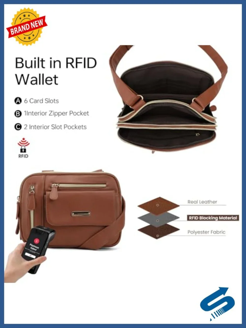 Vegan Leather Crossbody Purse with Built-in RFID Wallet, Multiple Pockets for